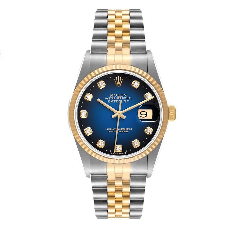 Rolex Datejust Stainless Steel Yellow Gold Mens Watch 16233 Box Papers. Officially certified chronometer self-winding movement. Stainless steel case 36.0 mm in diameter.  Rolex logo on a 18K yellow gold crown. 18k yellow gold fluted bezel. Scratch