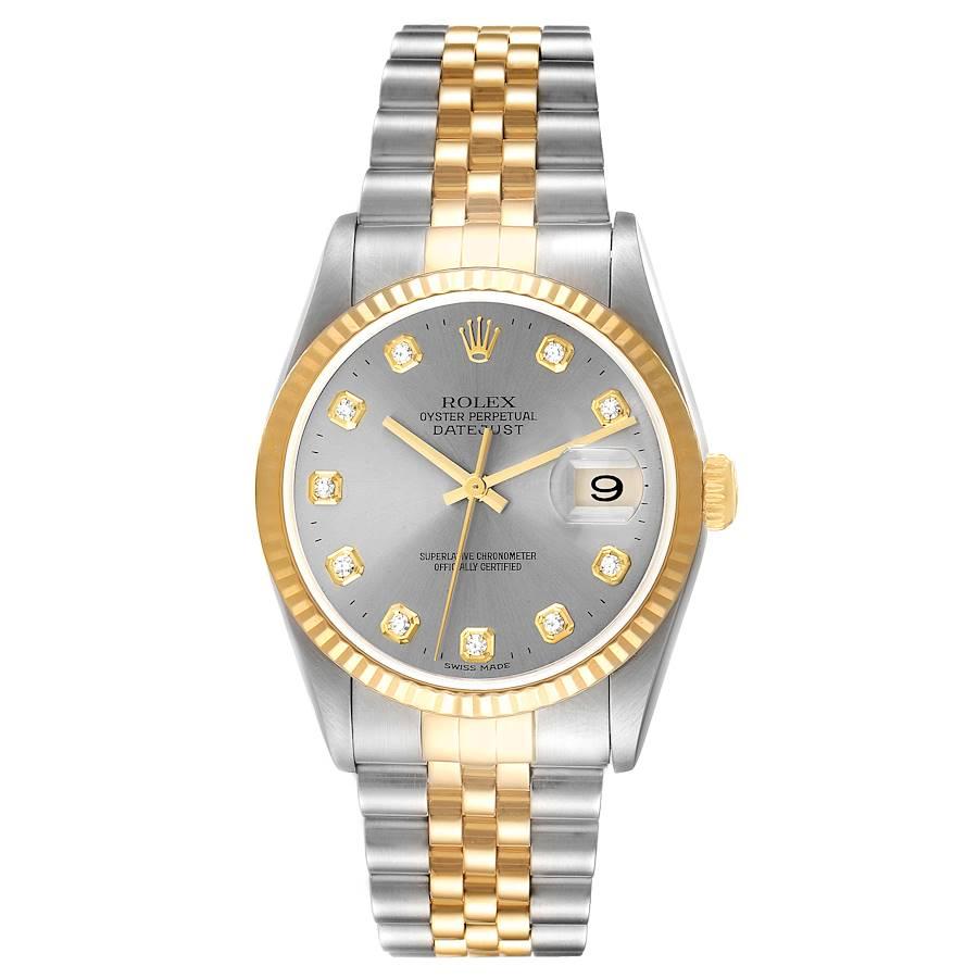 Rolex Datejust Stainless Steel Yellow Gold Mens Watch 16233 Box Papers. Officially certified chronometer self-winding movement. Stainless steel case 36 mm in diameter.  Rolex logo on a 18K yellow gold crown. 18k yellow gold fluted bezel. Scratch