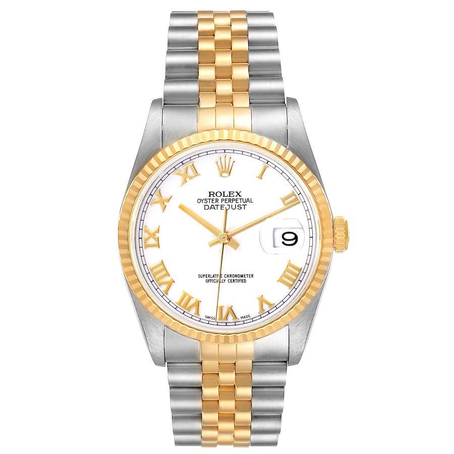 Rolex Datejust Stainless Steel Yellow Gold Mens Watch 16233 . Officially certified chronometer self-winding movement. Stainless steel case 36 mm in diameter.  Rolex logo on a 18K yellow gold crown. 18k yellow gold fluted bezel. Scratch resistant