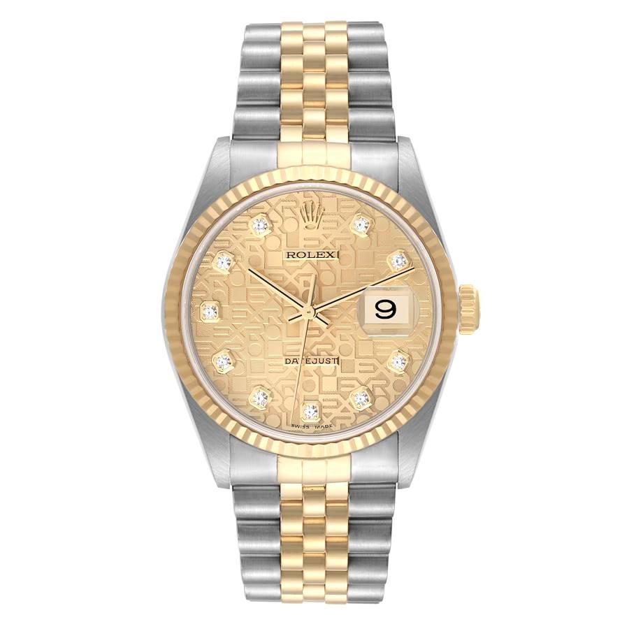 Rolex Datejust Stainless Steel Yellow Gold Mens Watch 16233 Box Papers. Officially certified chronometer automatic self-winding movement. Stainless steel case 36 mm in diameter.  Rolex logo on an 18K yellow gold crown. 18k yellow gold fluted bezel.