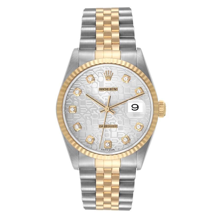 Rolex Datejust Stainless Steel Yellow Gold Mens Watch 16233 Box Papers. Officially certified chronometer automatic self-winding movement. Stainless steel case 36 mm in diameter.  Rolex logo on an 18K yellow gold crown. 18k yellow gold fluted bezel.