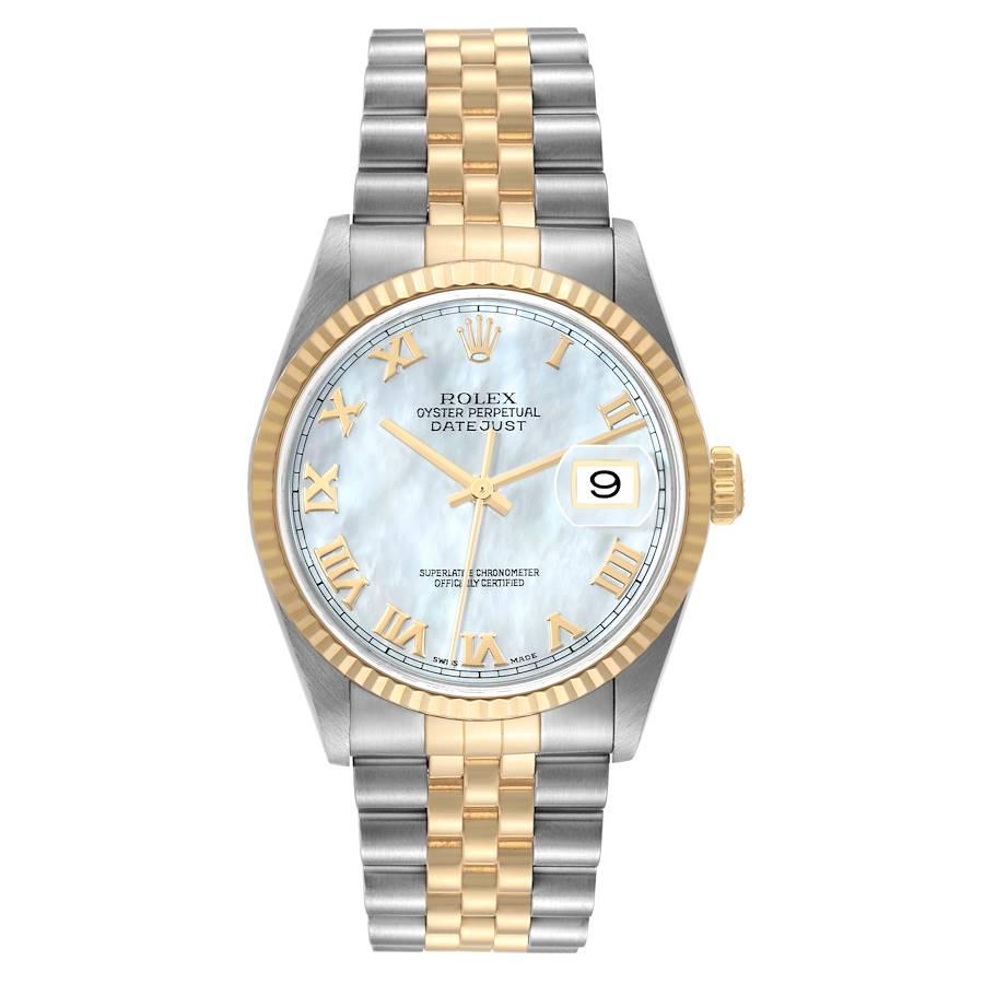 Rolex Datejust Stainless Steel Yellow Gold Mens Watch 16233 Mouvement automatique à remontage automatique certifié chronomètre. Boîtier en acier inoxydable de 36 mm de diamètre.  Logo Rolex sur une couronne en or jaune 18 carats. Lunette cannelée en