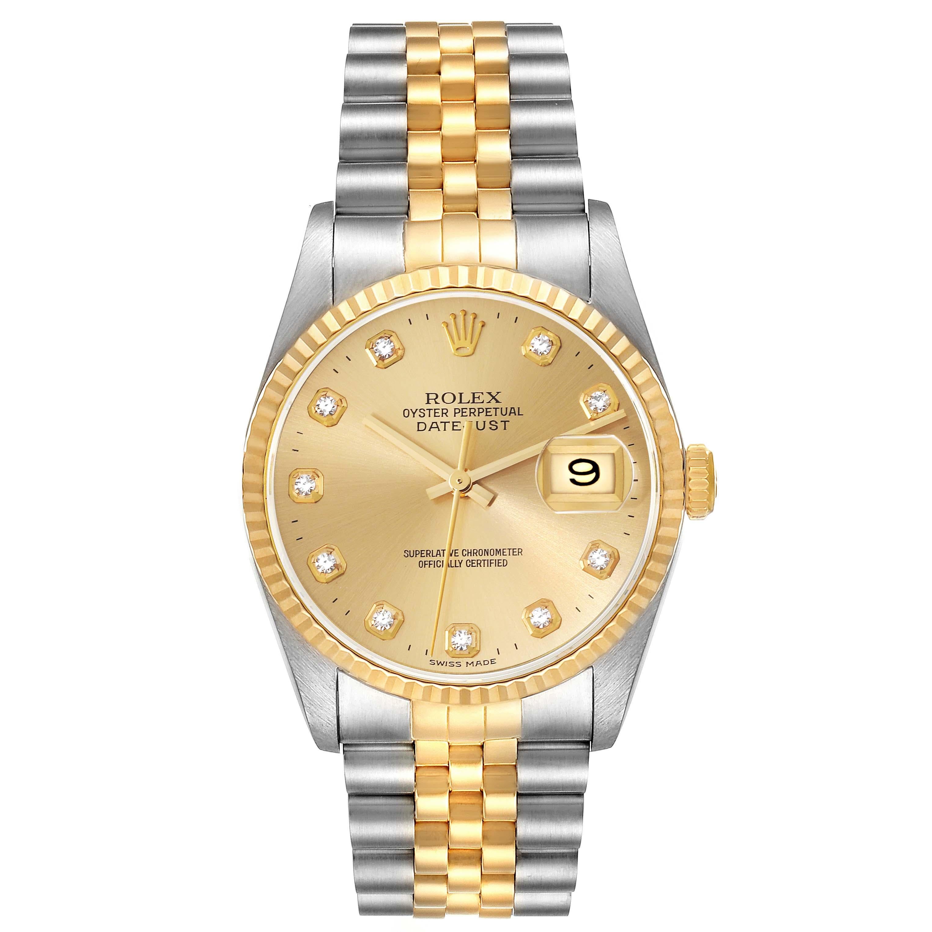 Rolex Datejust Stainless Steel Yellow Gold Mens Watch 16233 Box Papers. Officially certified chronometer automatic self-winding movement. Stainless steel case 36 mm in diameter.  Rolex logo on an 18K yellow gold crown. 18k yellow gold fluted bezel.