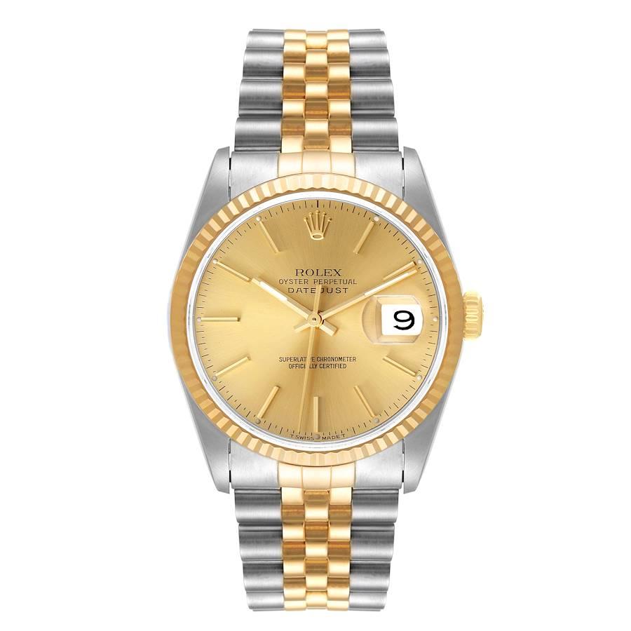 Rolex Datejust Stainless Steel Yellow Gold Mens Watch 16233. Officially certified chronometer self-winding movement. Stainless steel case 36 mm in diameter.  Rolex logo on a 18K yellow gold crown. 18k yellow gold fluted bezel. Scratch resistant