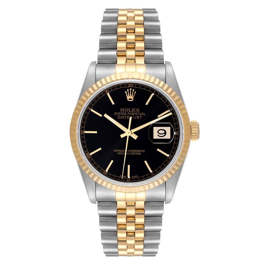 Rolex Datejust Stainless Steel Yellow Gold Mens Watch 16233. Officially certified chronometer self-winding movement. Stainless steel case 36 mm in diameter. Rolex logo on a 18K yellow gold crown. 18k yellow gold fluted bezel. Scratch resistant