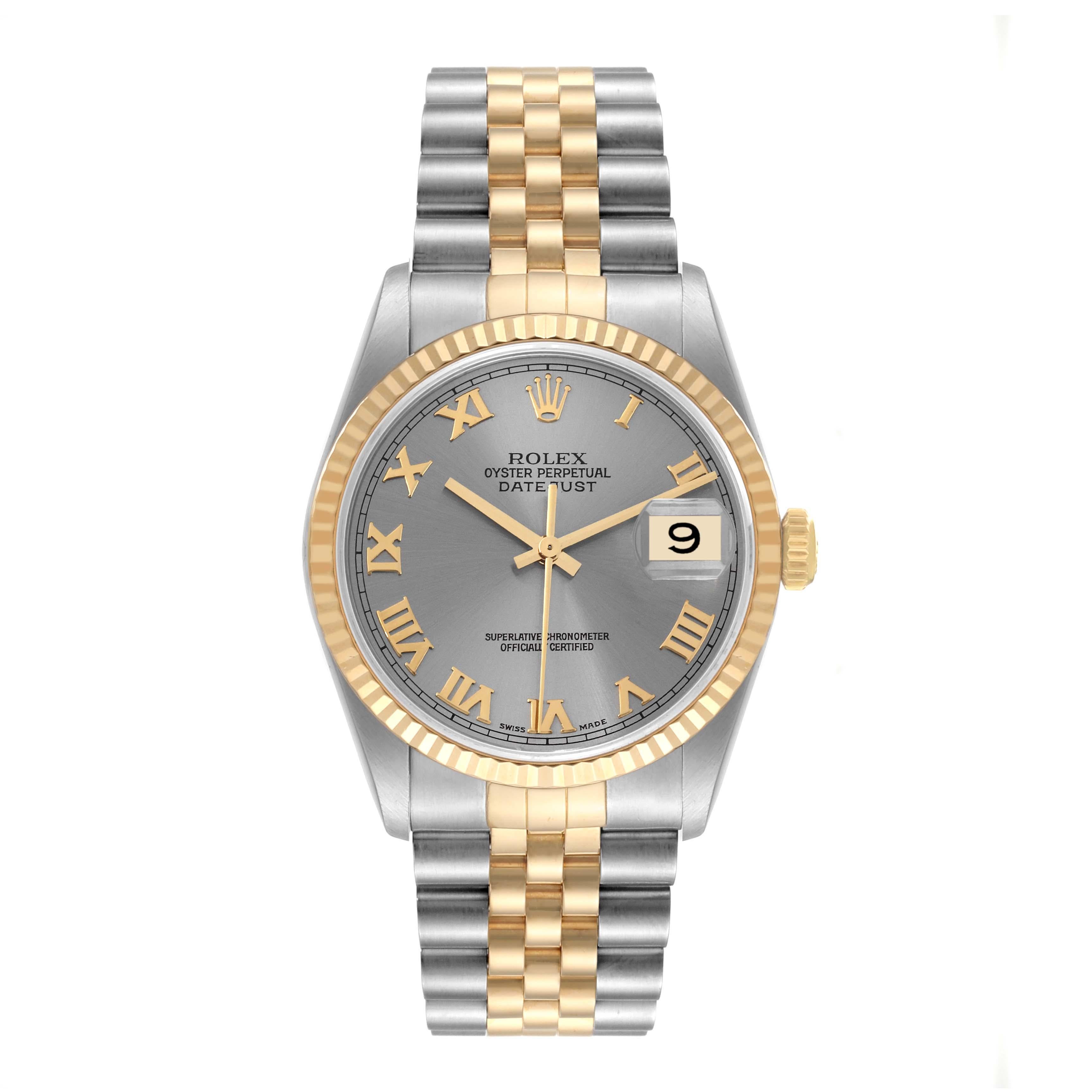 Rolex Datejust Stainless Steel Yellow Gold Mens Watch 16233. Officially certified chronometer automatic self-winding movement. Stainless steel case 36 mm in diameter.  Rolex logo on an 18K yellow gold crown. 18k yellow gold fluted bezel. Scratch