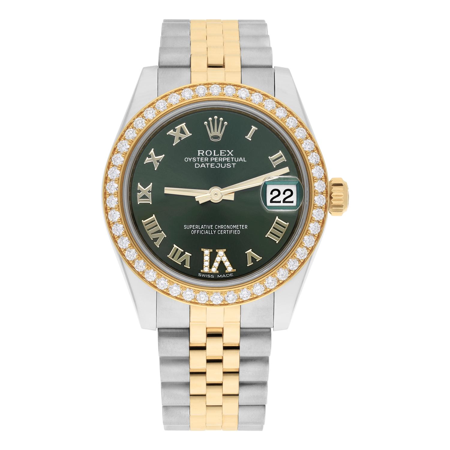 
One of the extremely few midsized diamond-set Datejust's available for sale.

A 31mm case, Olive Green Dial with Roman Numerals, Large VI set with diamonds, matched by a full diamond-set bezel. Fitted to the elegant and equally comfortable Jubilee