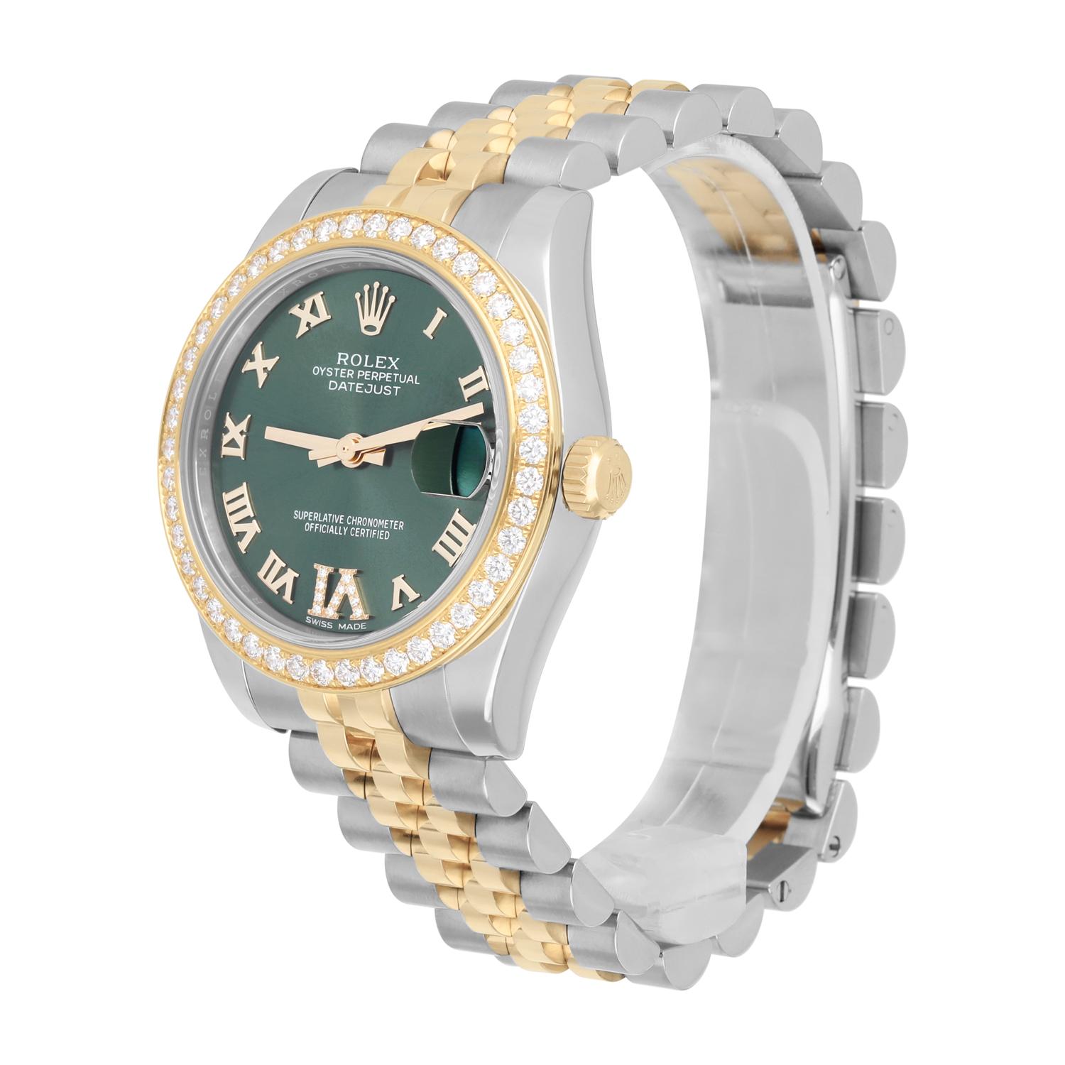 Modern Rolex Datejust Stainless Steel&18K Yellow Gold 31mm Diamond Bezel 178383 Green For Sale