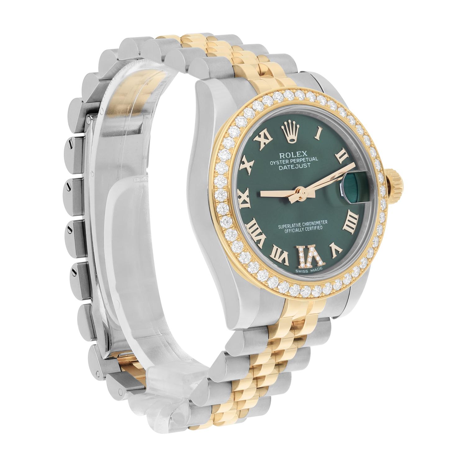 Round Cut Rolex Datejust Stainless Steel&18K Yellow Gold 31mm Diamond Bezel 178383 Green For Sale