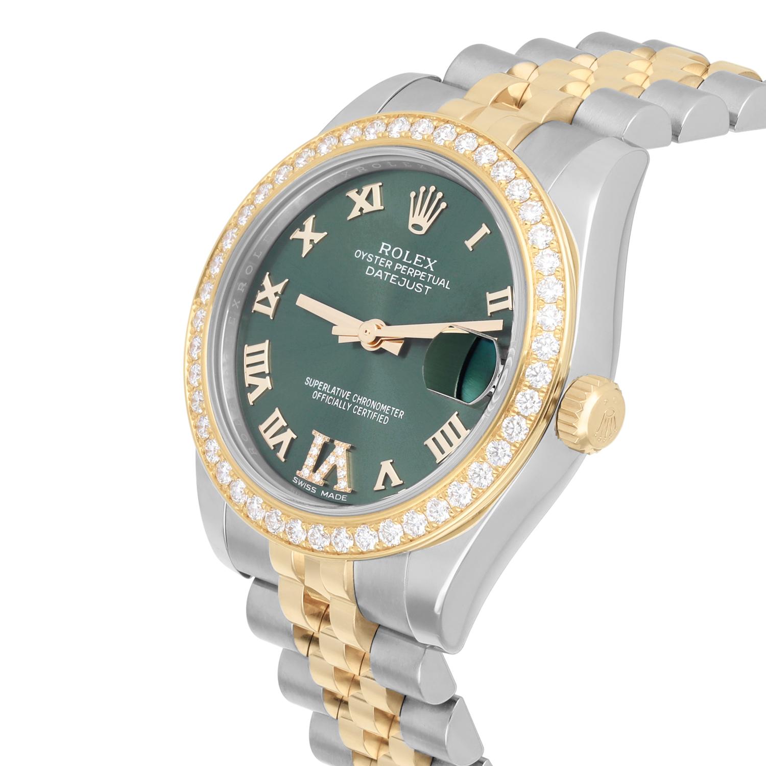 Rolex Datejust Stainless Steel&18K Yellow Gold 31mm Diamond Bezel 178383 Green In Excellent Condition For Sale In New York, NY
