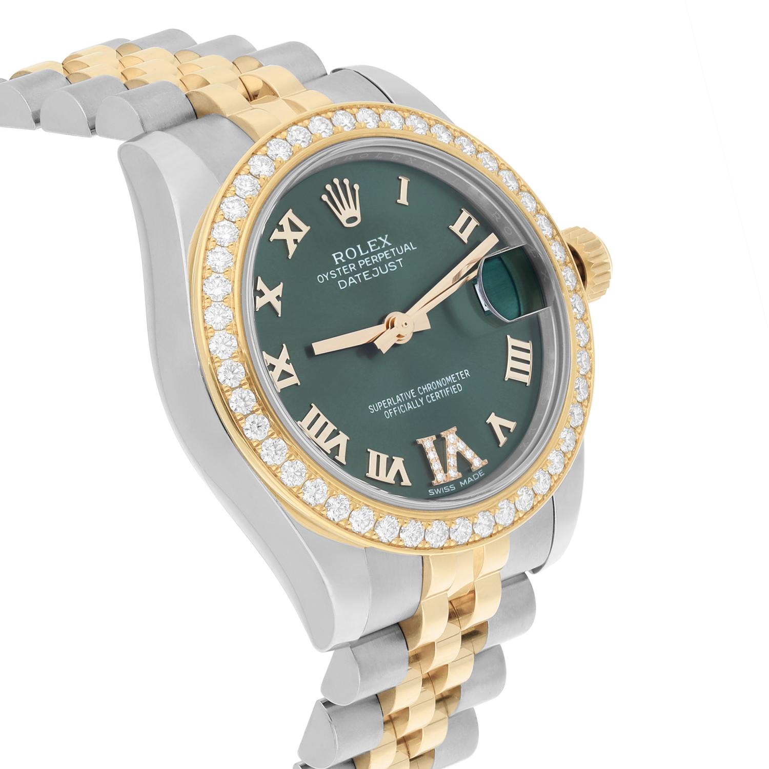 Women's Rolex Datejust Stainless Steel&18K Yellow Gold 31mm Diamond Bezel 178383 Green For Sale