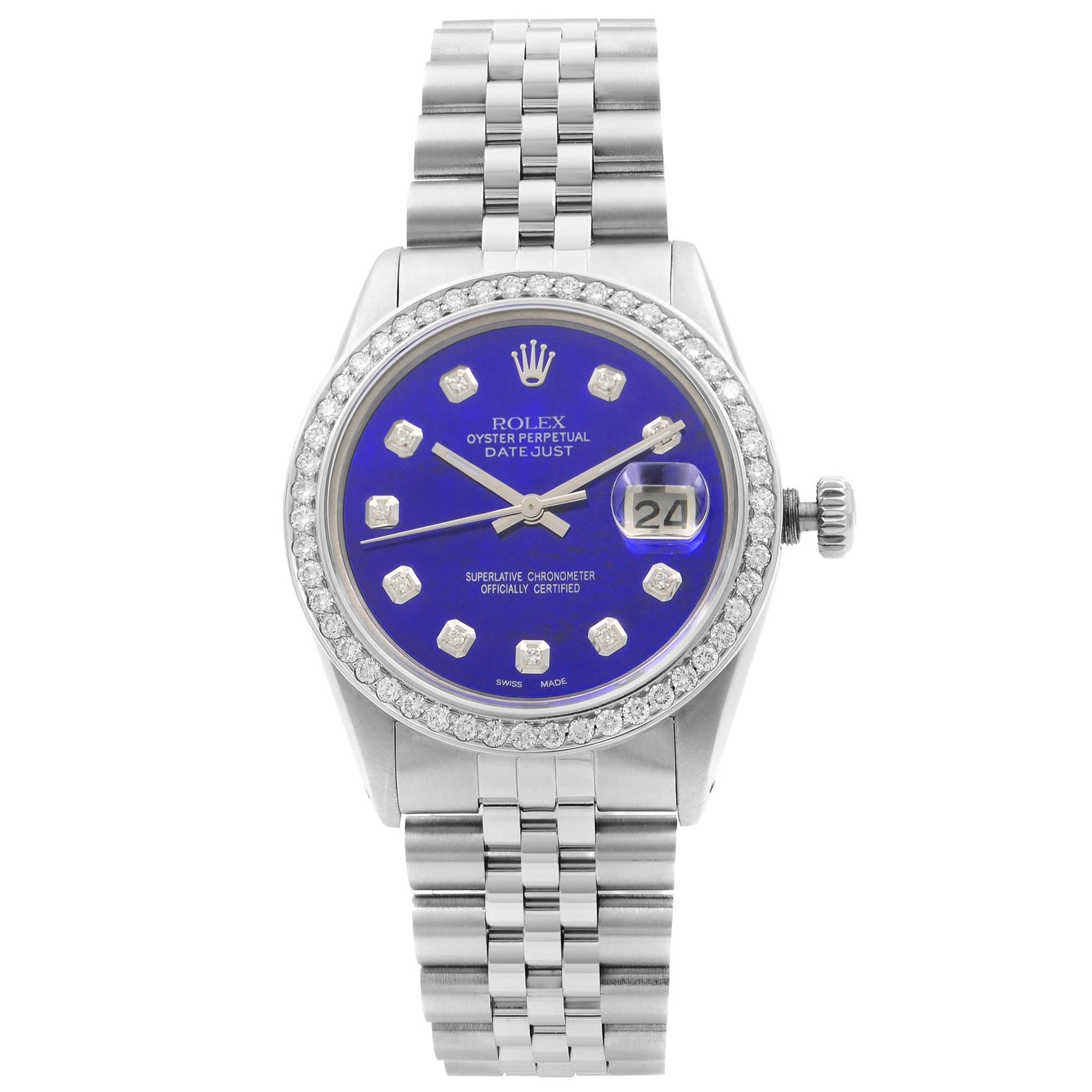 Rolex Datejust Steel 1 Carat Custom Diamond Blue MOP Dial Men's 1978 Watch 16014