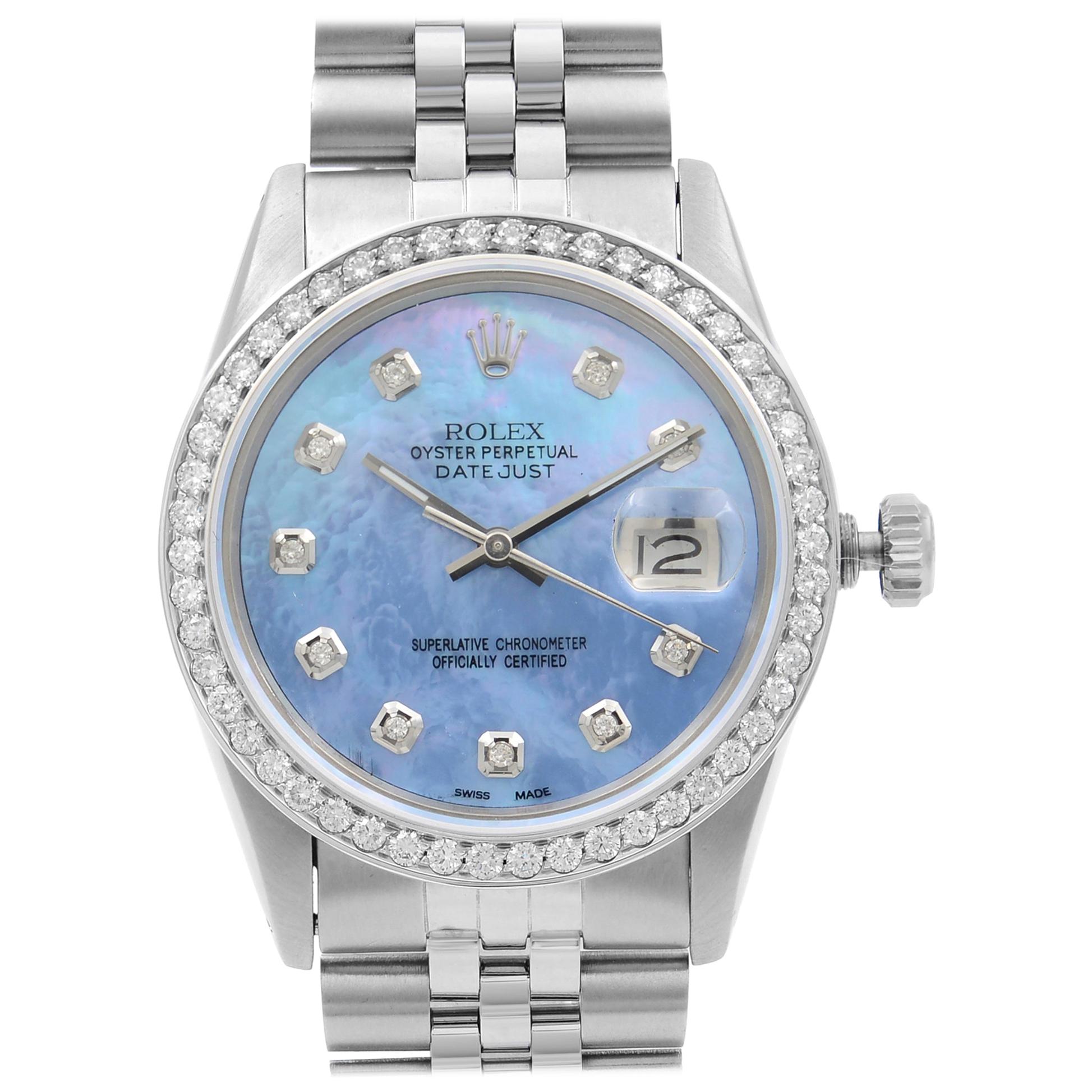 Rolex Datejust Steel 1.20 Carat Custom Diamond Blue Dial Men’s 1984 Watch 16014