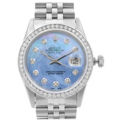 Rolex Datejust Steel 1.20 Carat Custom Diamond Blue Dial Men’s 1984 Watch 16014