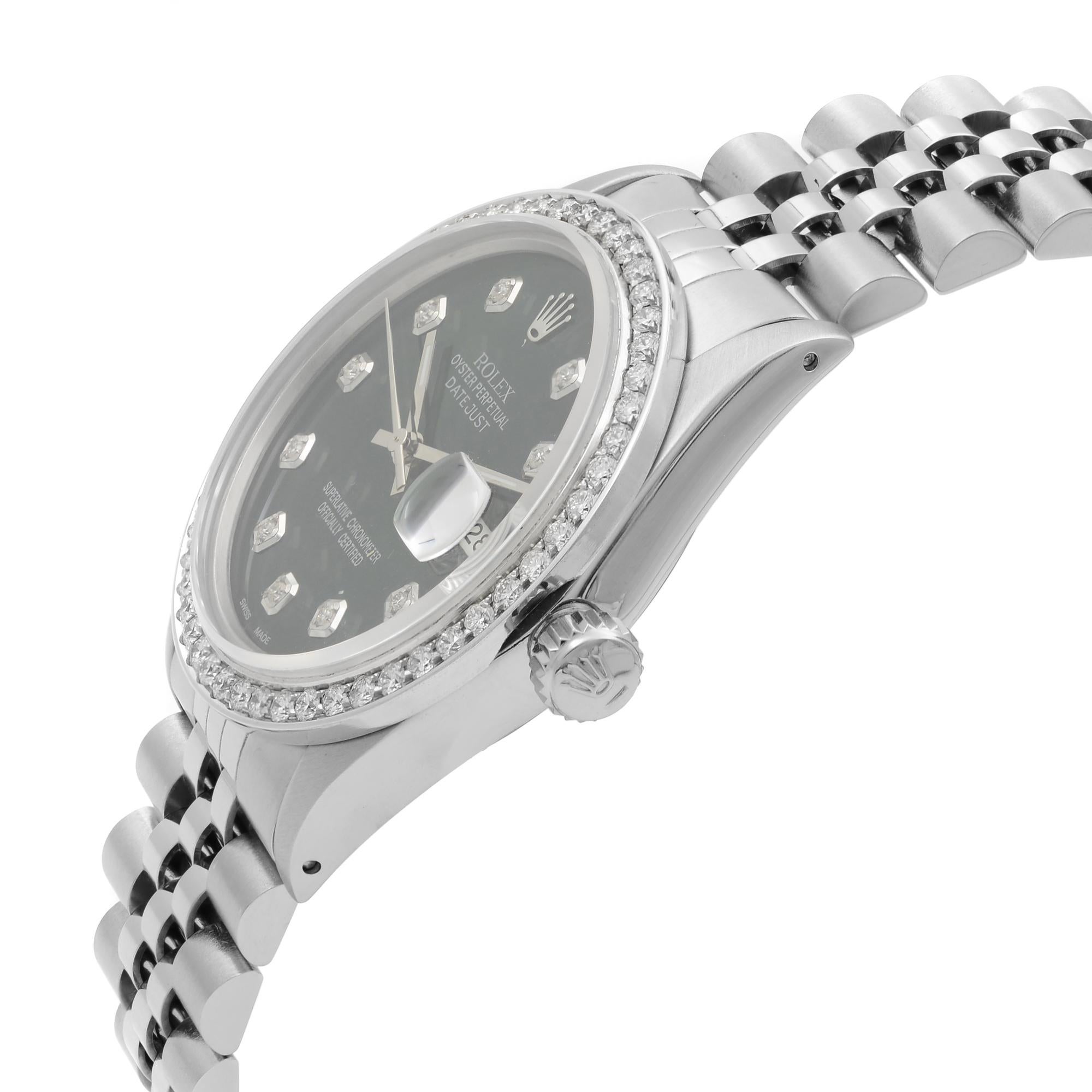 Rolex Datejust Steel 1.20 Carat Custom Diamond Green Dial Men Watch 16014 In Good Condition In New York, NY