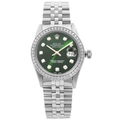 Vintage Rolex Datejust Steel 1.20 Carat Custom Diamond Green Dial Men Watch 16014