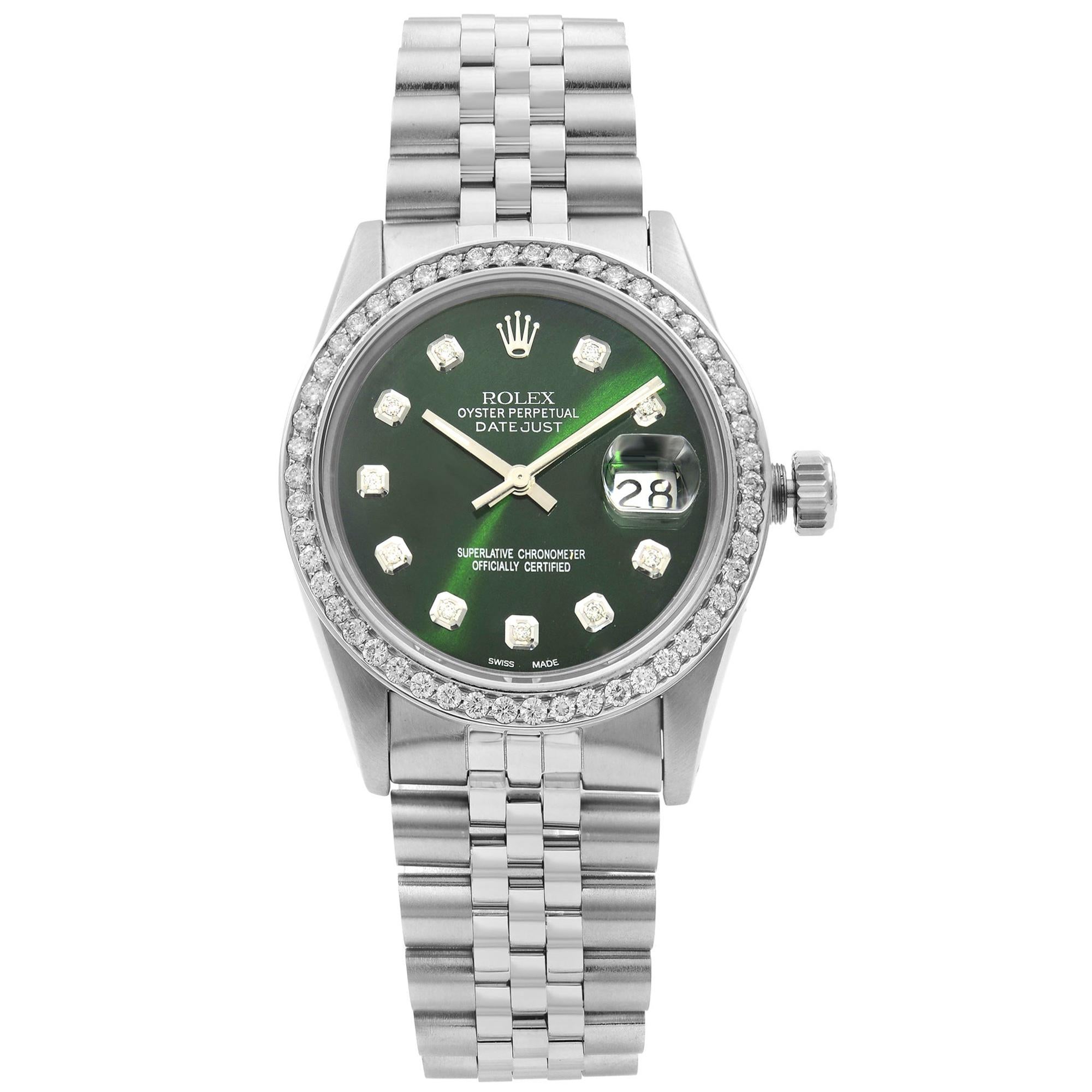 Rolex Datejust Steel 1.20 Carat Custom Diamond Green Dial Men Watch 16014 For Sale
