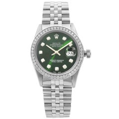 Retro Rolex Datejust Steel 1.20 Carat Custom Diamond Green Dial Men Watch 16014