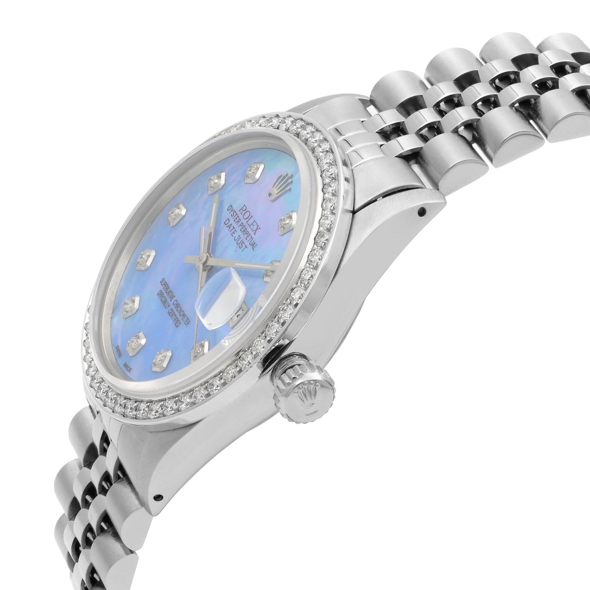Rolex Datejust Steel 1.20 Cttw Custom Diamond Blue Dial Mens Watch 16014 In Good Condition For Sale In New York, NY