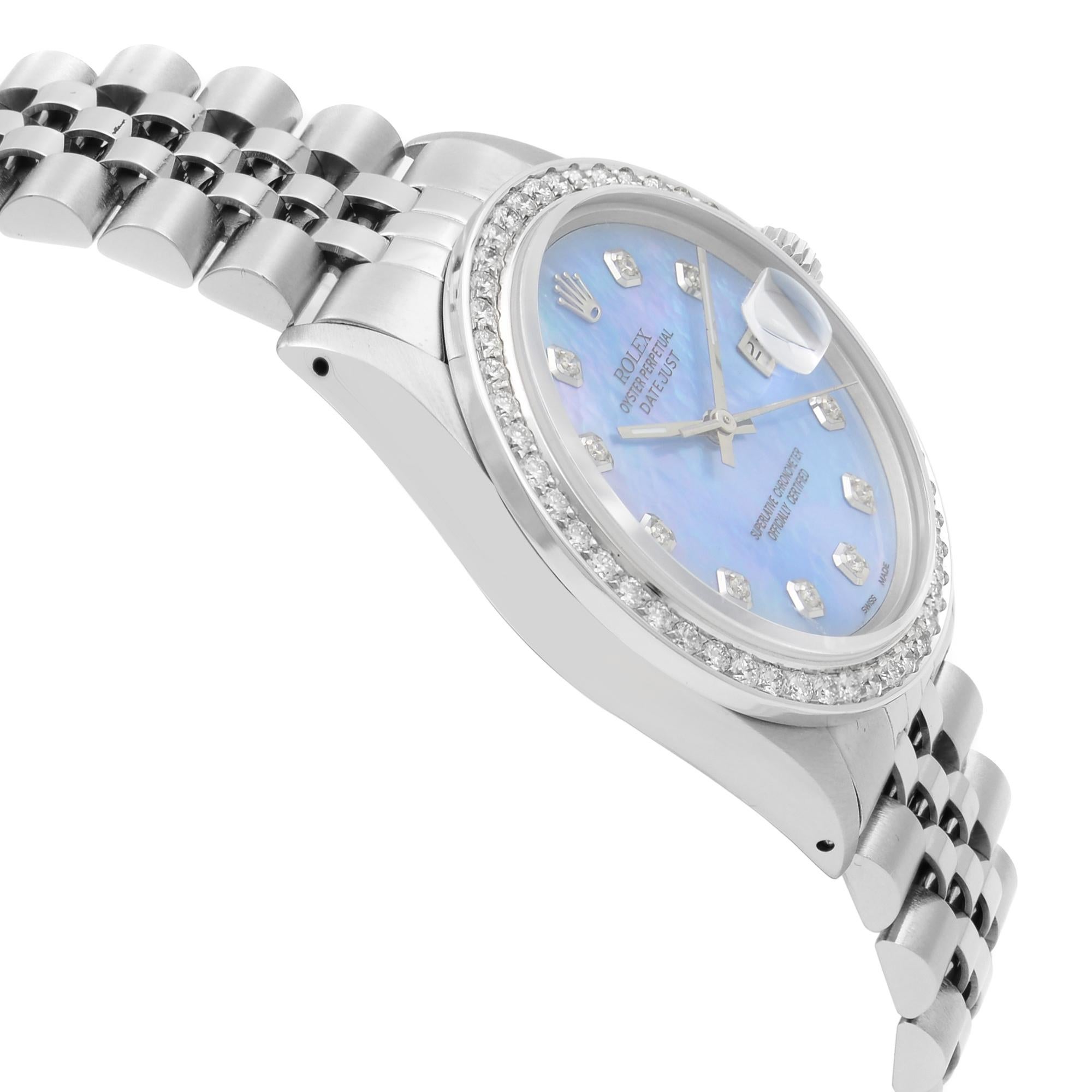 Men's Rolex Datejust Steel 1.20 Cttw Custom Diamond Blue Dial Mens Watch 16014 For Sale