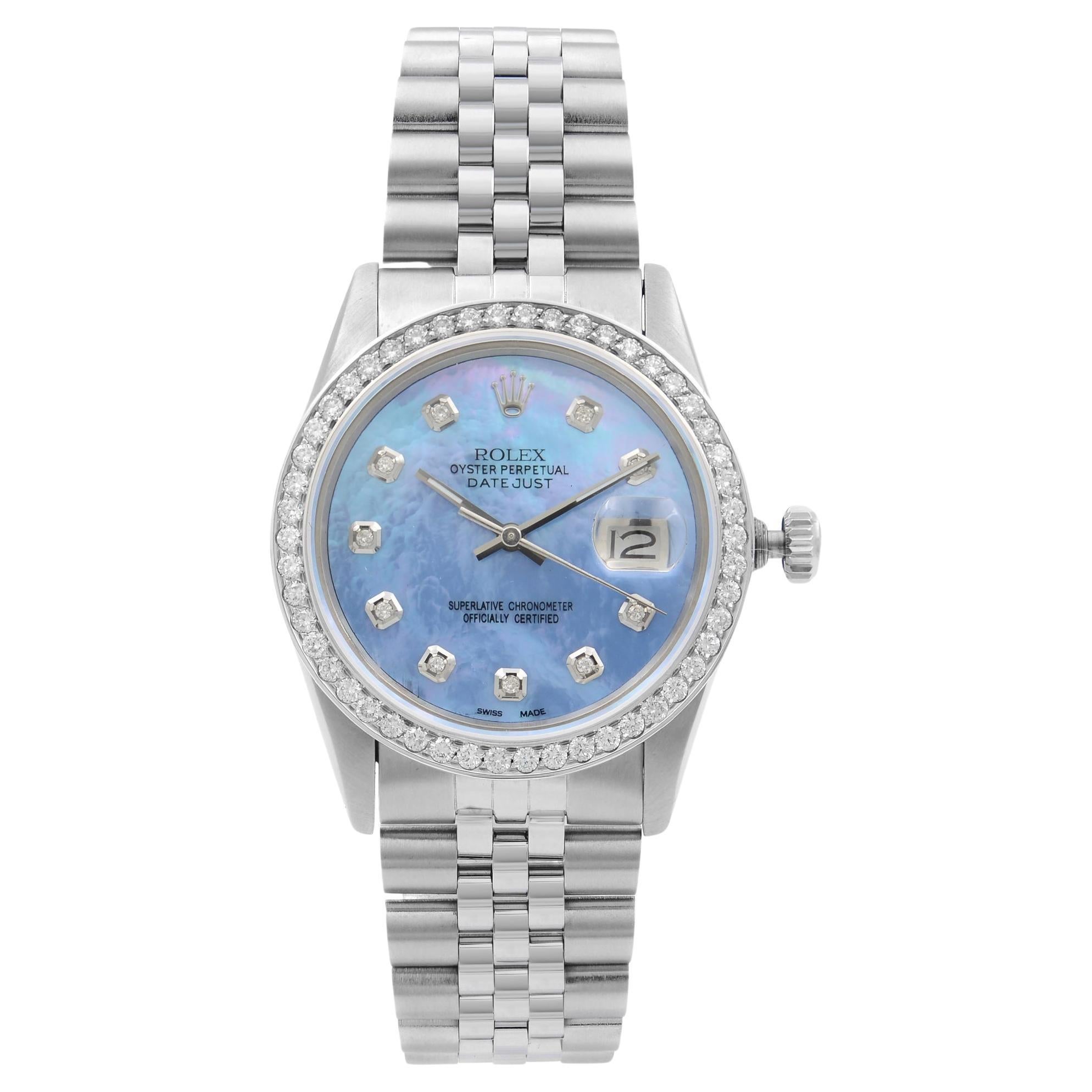 Rolex Datejust Steel 1.20 Cttw Custom Diamond Blue Dial Mens Watch 16014
