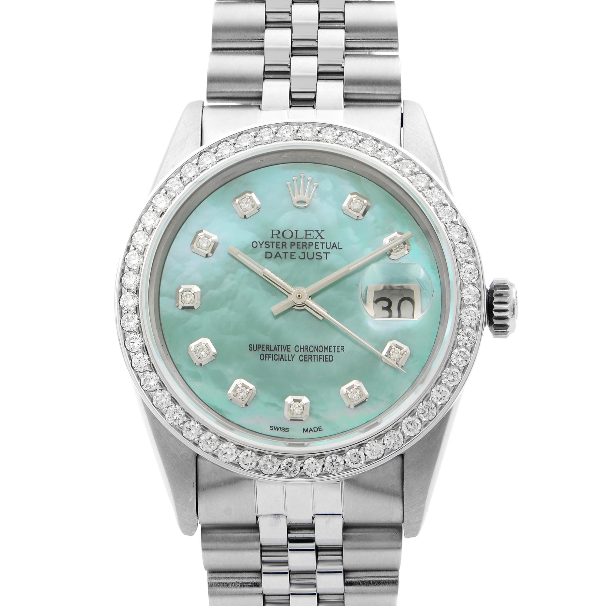 1 Cttw Custom Diamond Bezel and 0.20 Custom Diamond Teal Dial. Original Box and Papers are not included comes with a Chronostore presentation box and authenticity card. Covered by a one-year Chronostore warranty.
Details:
Model