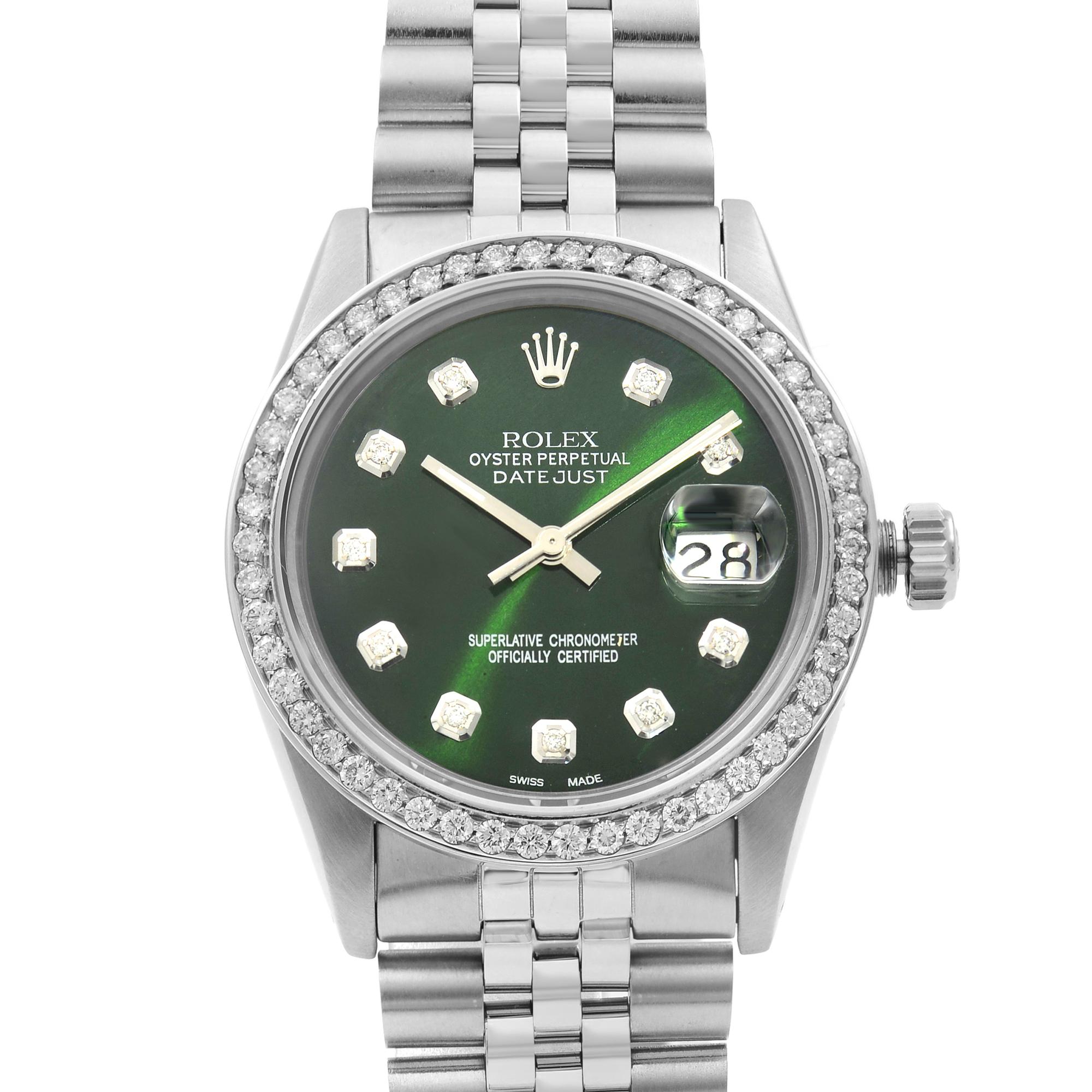 Pre-owned. 
1.0 Cttw Custom Diamond Bezel and 0.20 Cttw Custom Green Diamond Dial. The original Box and Papers are not included. Comes with a Chronostore presentation box and an authenticity card. Covered by a three-year Chronostore
