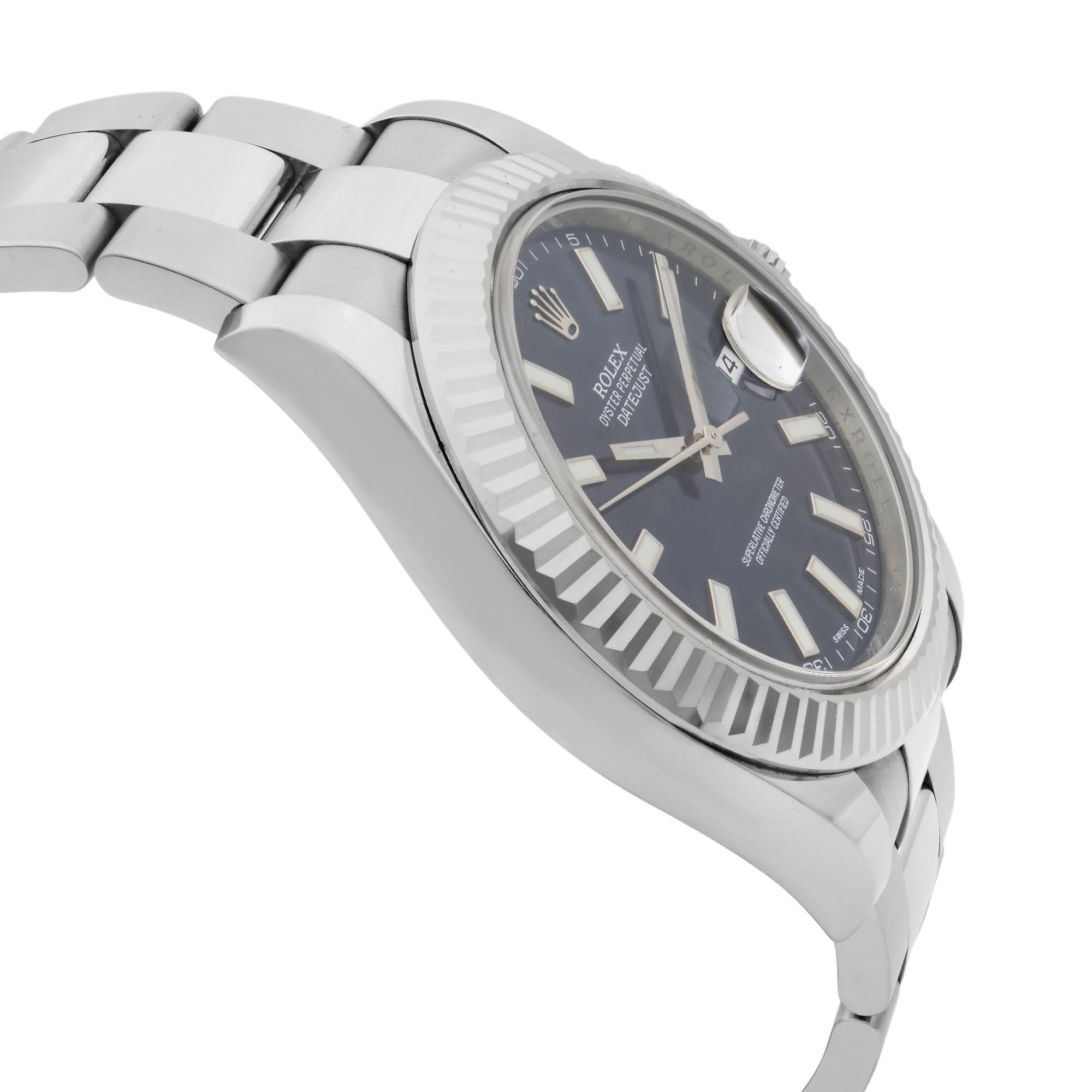 Rolex Datejust Steel 18 Karat White Gold Bezel Blue Baton Dial Mens Watch 116334 In Excellent Condition For Sale In New York, NY