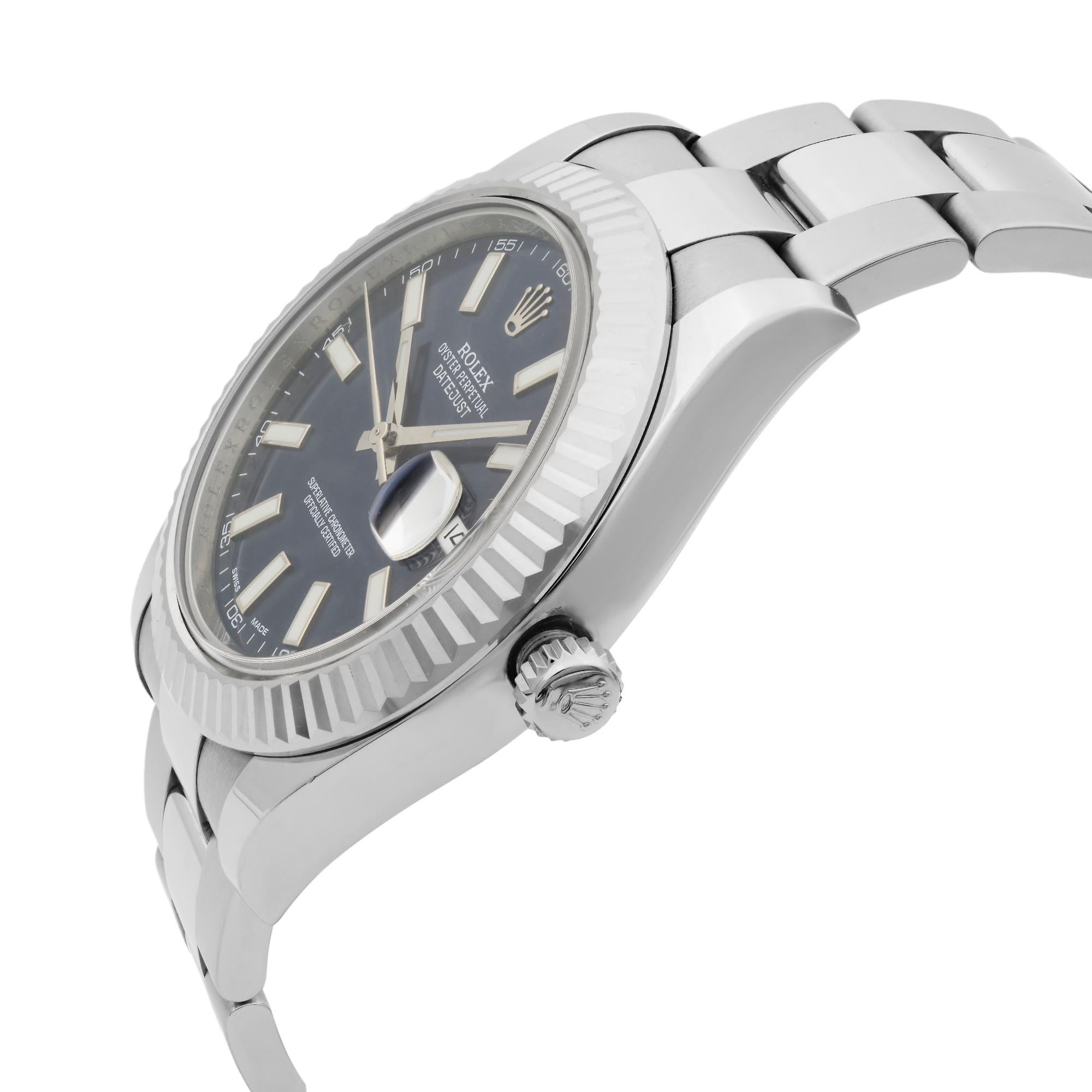 Men's Rolex Datejust Steel 18 Karat White Gold Bezel Blue Baton Dial Mens Watch 116334 For Sale