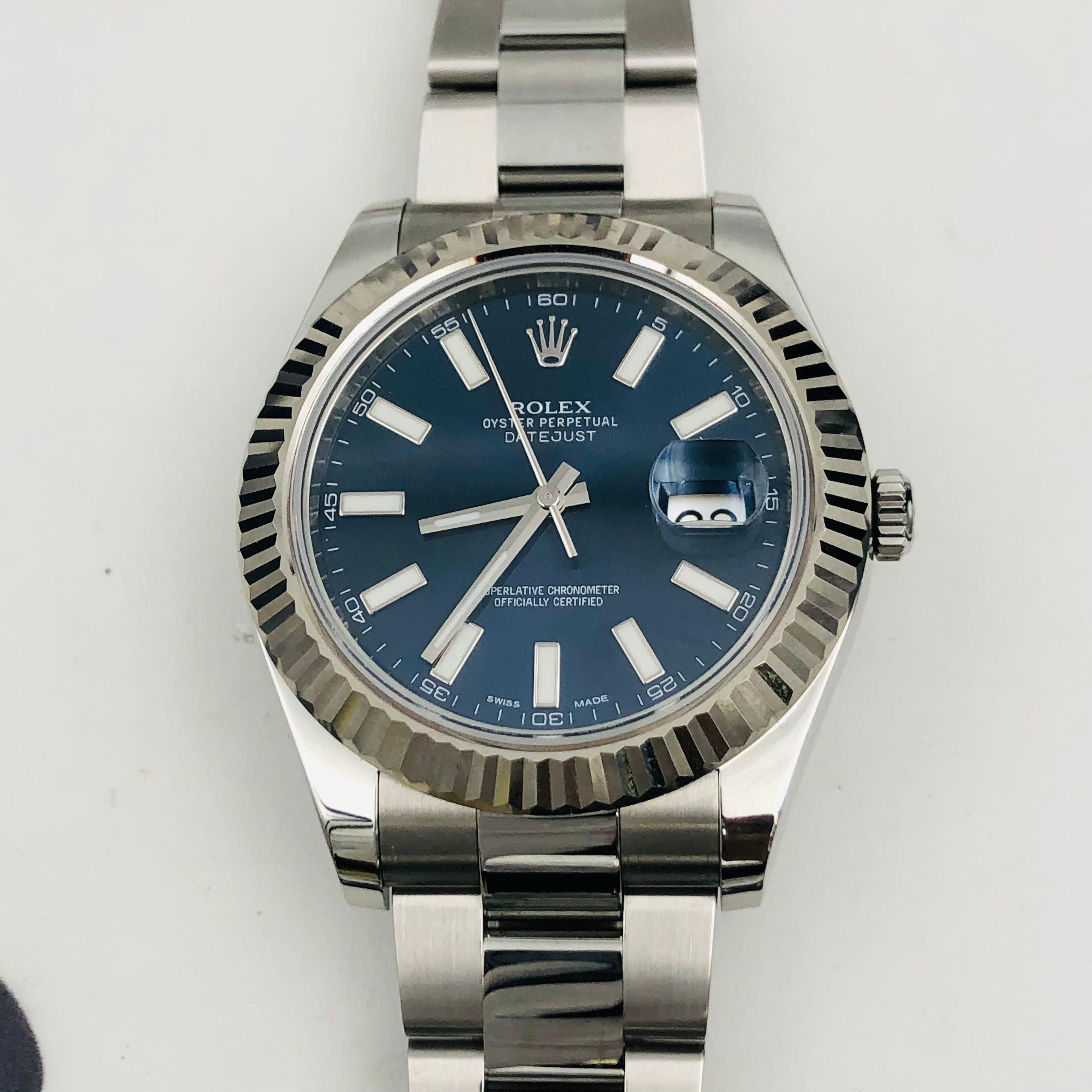 Rolex Datejust Steel 18 Karat White Gold Bezel Blue Baton Dial Mens Watch 116334 For Sale 3