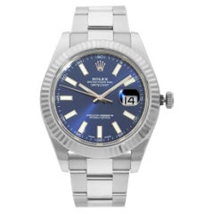 Rolex Datejust Steel 18 Karat White Gold Bezel Blue Baton Dial Mens Watch 116334