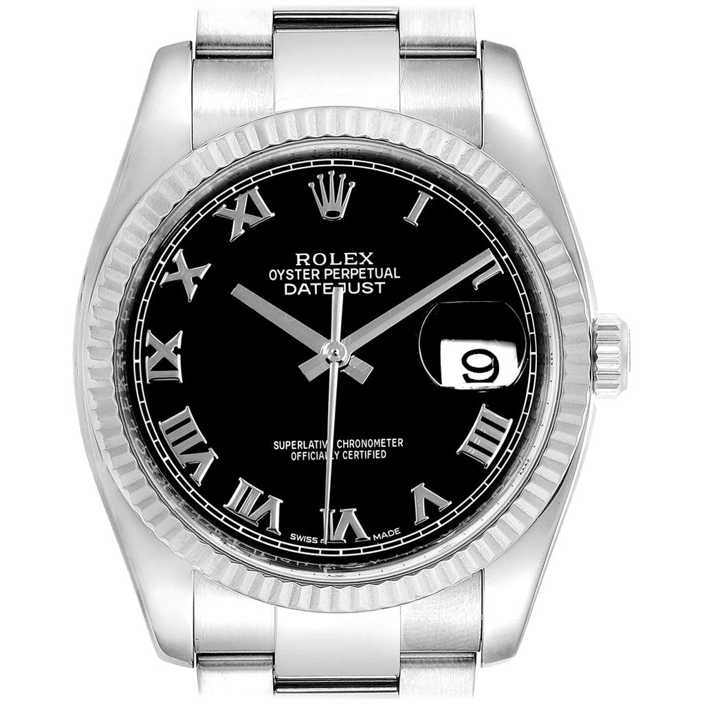 Rolex Datejust Steel 18 Karat White Gold Black Dial Men's Watch 116234 For Sale