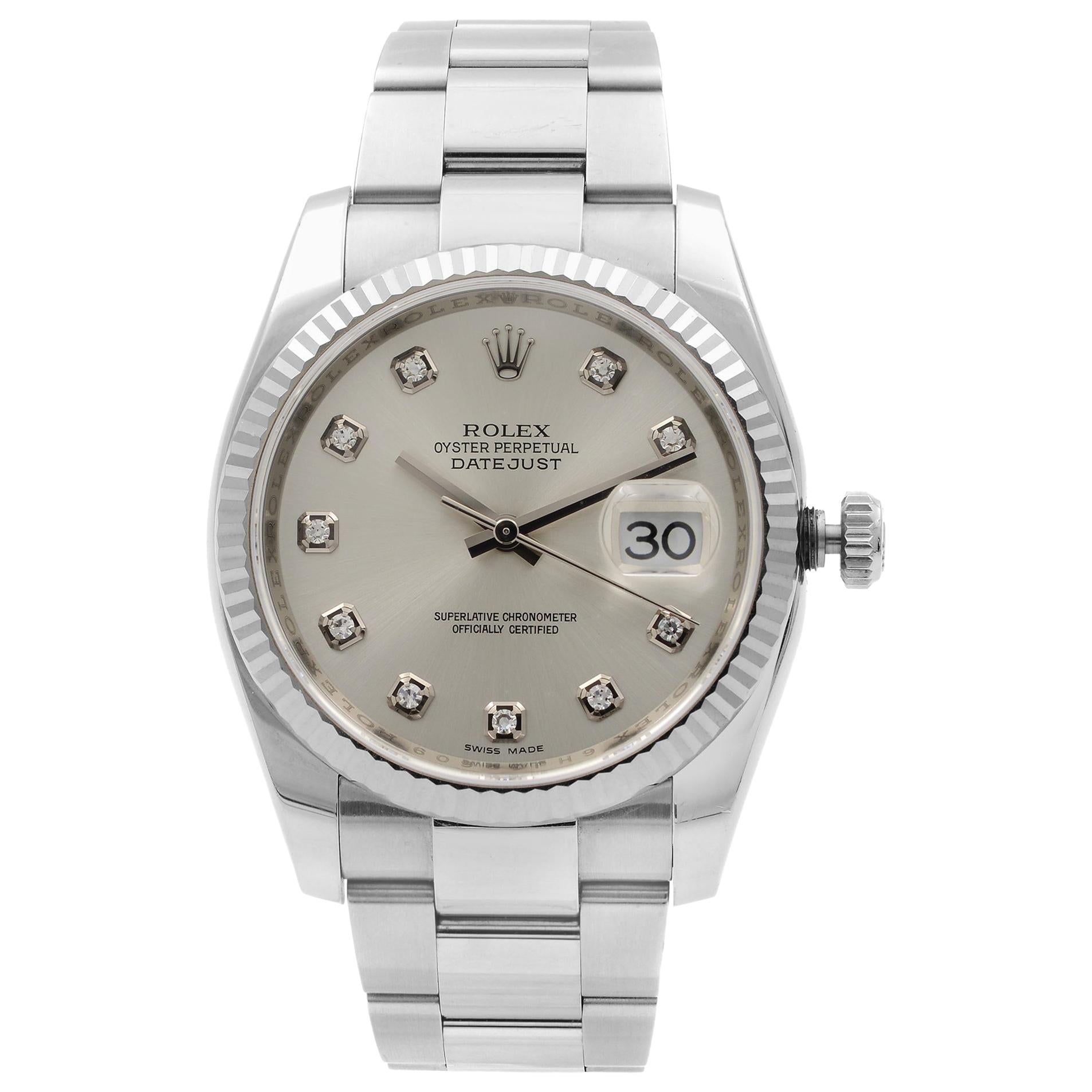 Rolex Datejust Steel 18 Karat White Gold Silver Diamond Dial Watch 116234