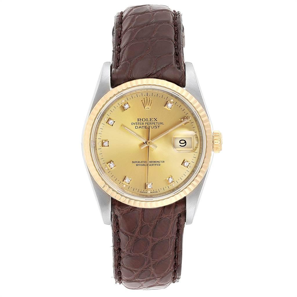 Rolex Datejust Steel 18K Yellow Gold Diamond Dial Mens Watch 16233. Officially certified chronometer automatic self-winding movement. Stainless steel case 36 mm in diameter.Rolex logo on a 18K yellow gold crown. 18k yellow gold fluted bezel. Scratch