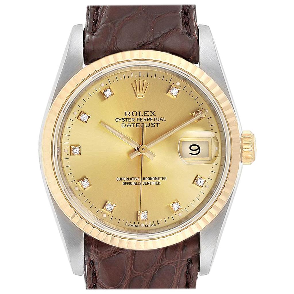 Rolex Datejust Steel 18 Karat Yellow Gold Diamond Dial Men’s Watch 16233 For Sale