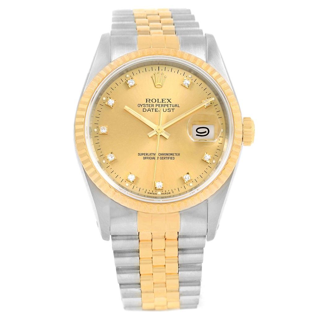 Rolex Datejust 36mm Steel 18K Yellow Gold Diamond Mens Watch 16233 Box. Officially certified chronometer self-winding movement with quickset date function. Stainless steel case 36 mm in diameter. Rolex logo on a 18K yellow gold crown. 18k yellow