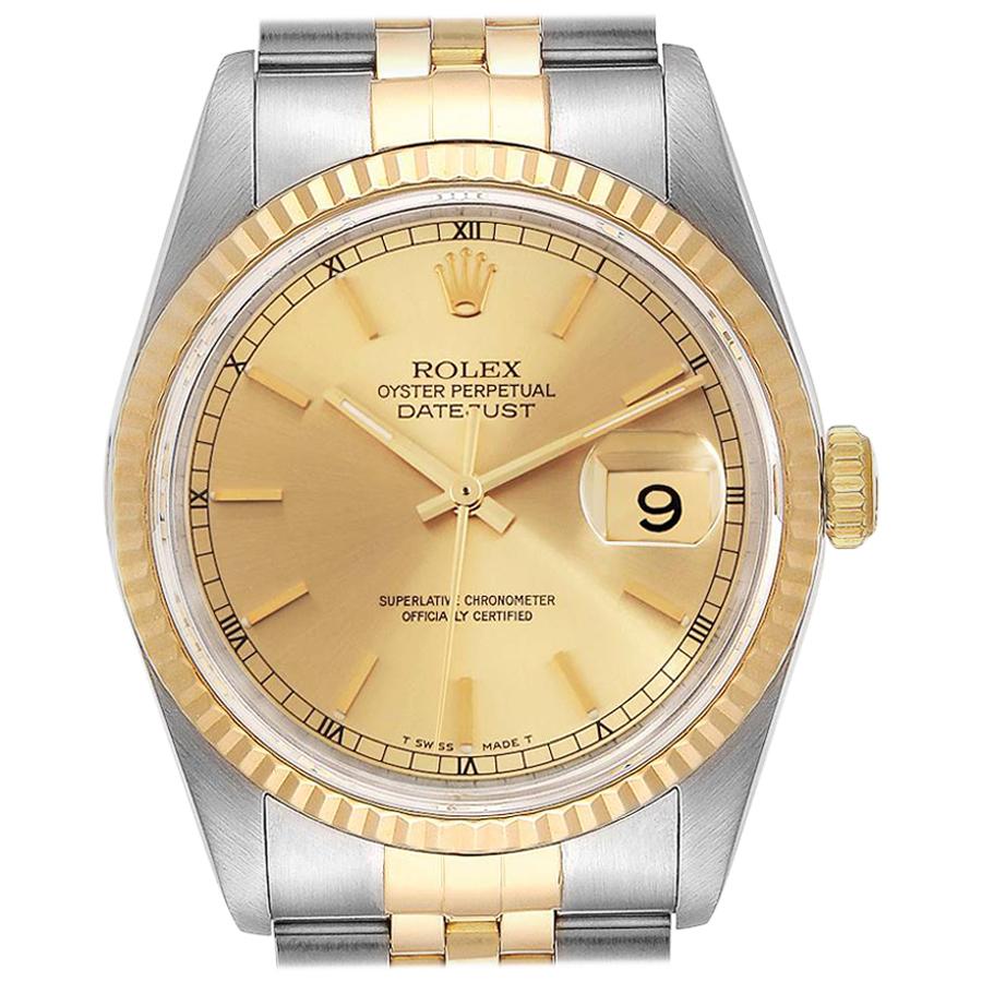 Rolex Datejust Steel 18 Karat Yellow Gold Fluted Bezel Men's Watch 16233