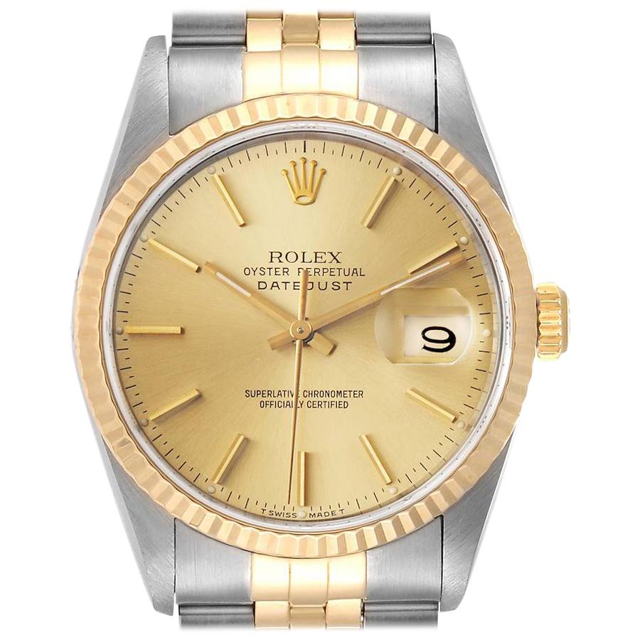 Rolex Datejust Steel 18 Karat Yellow Gold Fluted Bezel Men's Watch 16233