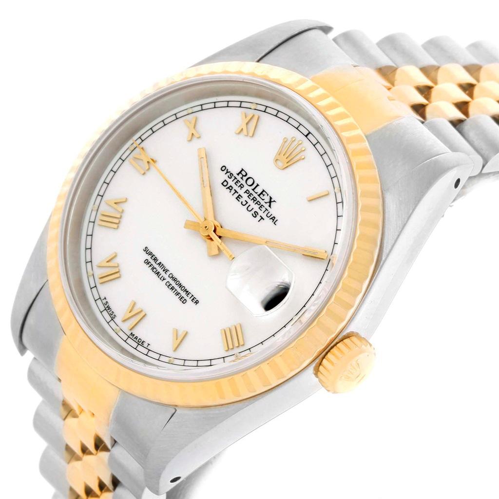 Rolex Datejust Steel 18 Karat Yellow Gold White Roman Dial Men’s Watch 16233 im Zustand „Hervorragend“ in Atlanta, GA