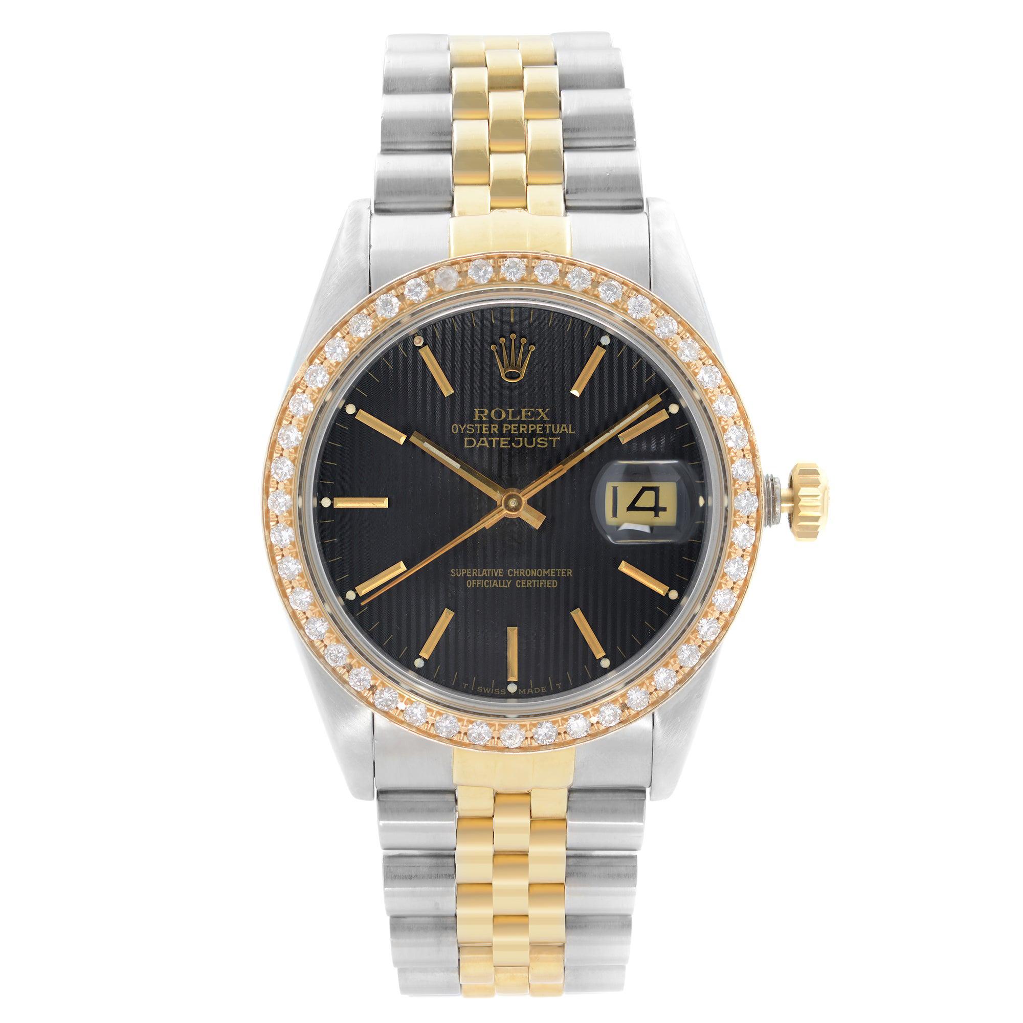 Rolex Datejust Steel 18k Gold Custom Bezel Black Dial Men's Watch 16030