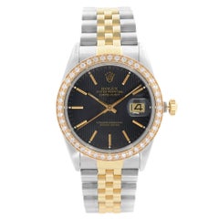 Rolex Datejust Steel 18k Gold Custom Bezel Black Dial Men's Watch 16030