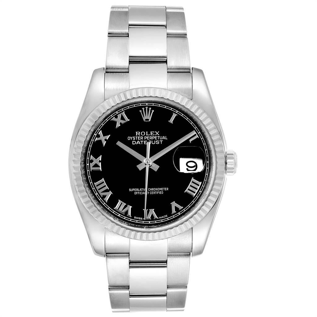Rolex Datejust Steel 18K White Gold Black Dial Mens Watch 116234. Officially certified chronometer self-winding movement with quickset date. Stainless steel case 36.0 mm in diameter. Rolex logo on a crown. 18K white gold fluted bezel. Scratch