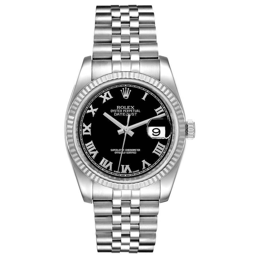 Rolex Datejust Steel 18K White Gold Black Dial Mens Watch 116234. Officially certified chronometer self-winding movement with quickset date. Stainless steel case 36.0 mm in diameter.  Rolex logo on a crown. 18K white gold fluted bezel. Scratch