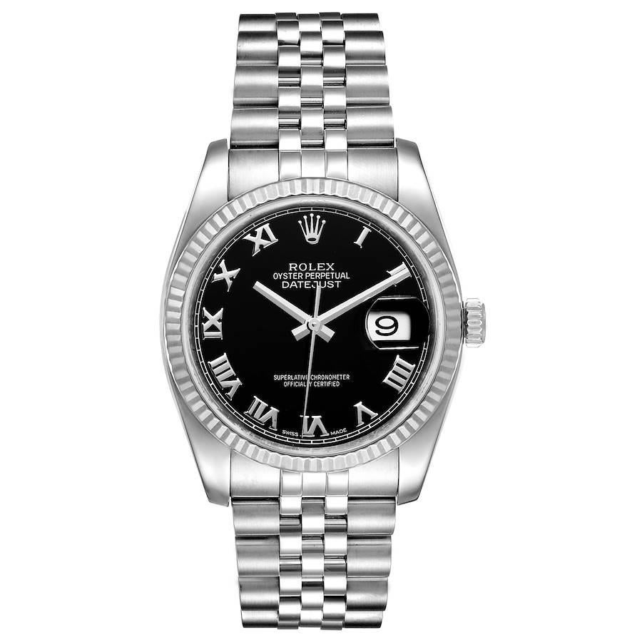 Rolex Datejust Steel 18K White Gold Black Roman Dial Mens Watch 116234. Officially certified chronometer self-winding movement with quickset date. Stainless steel case 36.0 mm in diameter.  Rolex logo on a crown. 18K white gold fluted bezel. Scratch