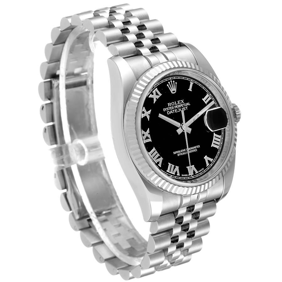 Rolex Datejust Steel 18K White Gold Black Roman Dial Mens Watch 116234 In Excellent Condition For Sale In Atlanta, GA