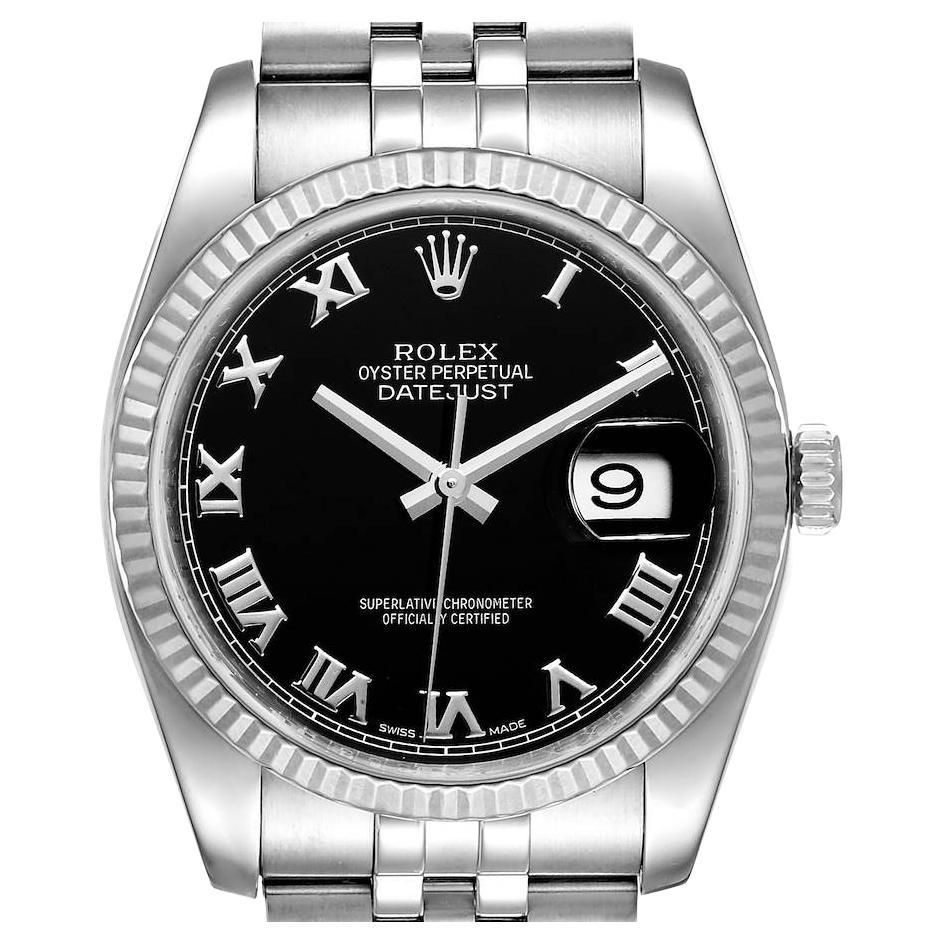 Rolex Datejust Steel 18K White Gold Black Roman Dial Mens Watch 116234