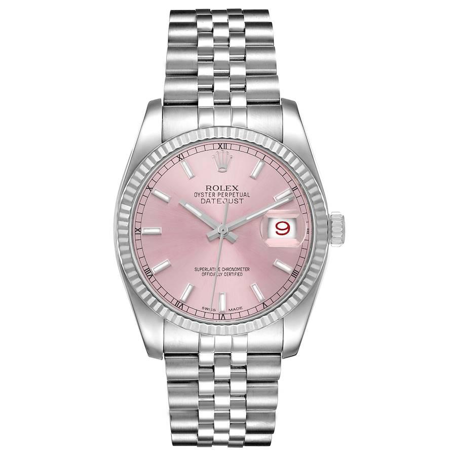 Rolex Datejust Steel 18K White Gold Pink Dial Mens Watch 116234. Officially certified chronometer self-winding movement with quickset date. Stainless steel case 36.0 mm in diameter. Rolex logo on the crown. 18K white gold fluted bezel. Scratch