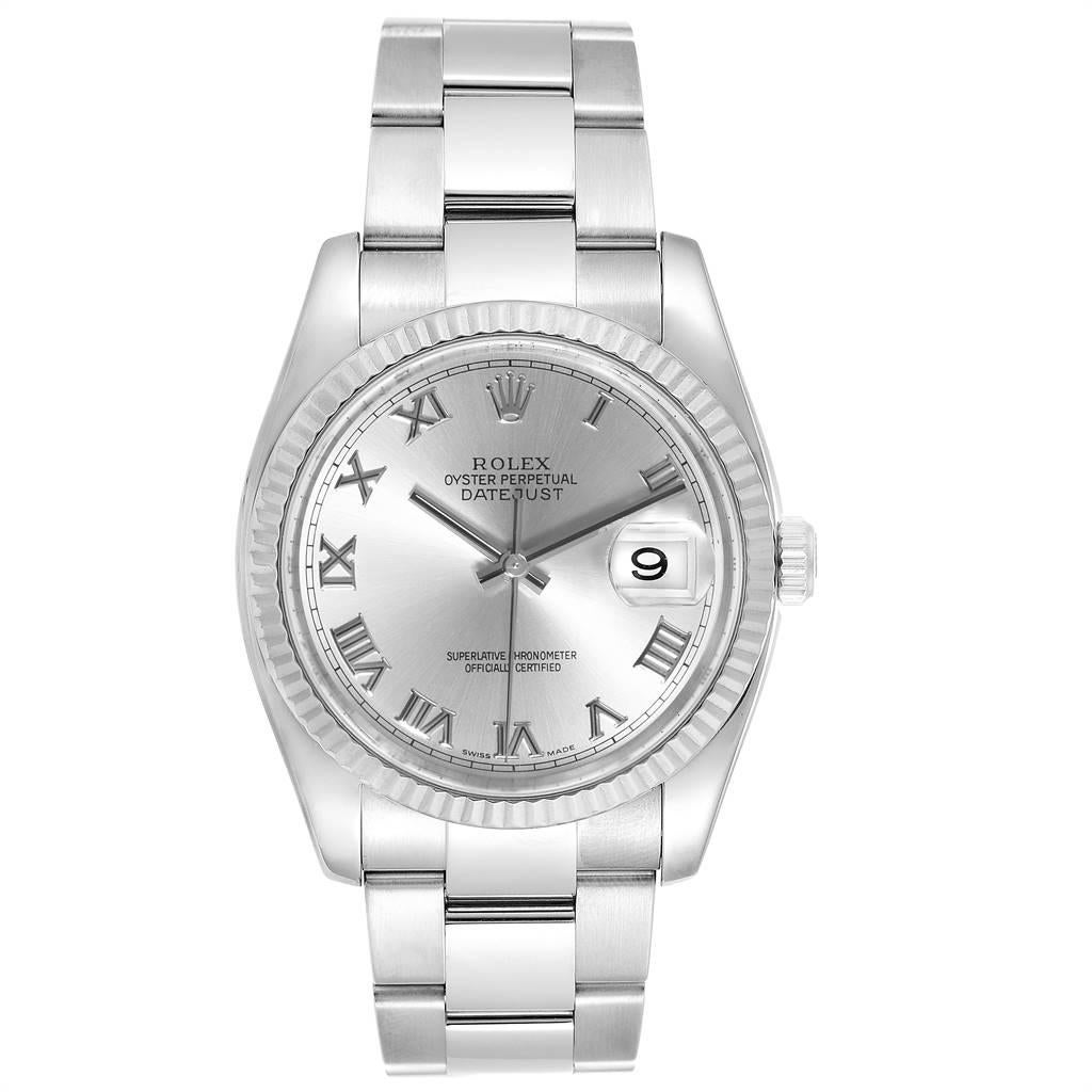 Rolex Datejust Steel 18K White Gold Rhodium Dial Mens Watch 116234. Officially certified chronometer self-winding movement. Stainless steel case 36.0 mm in diameter. Rolex logo on a crown. 18K white gold fluted bezel. Scratch resistant sapphire