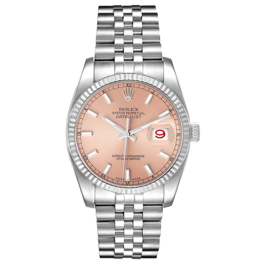 Rolex Datejust Steel 18K White Gold Salmon Dial Mens Watch 116234. Officially certified chronometer self-winding movement with quickset date. Stainless steel case 36.0 mm in diameter. Rolex logo on the crown. 18K white gold fluted bezel. Scratch