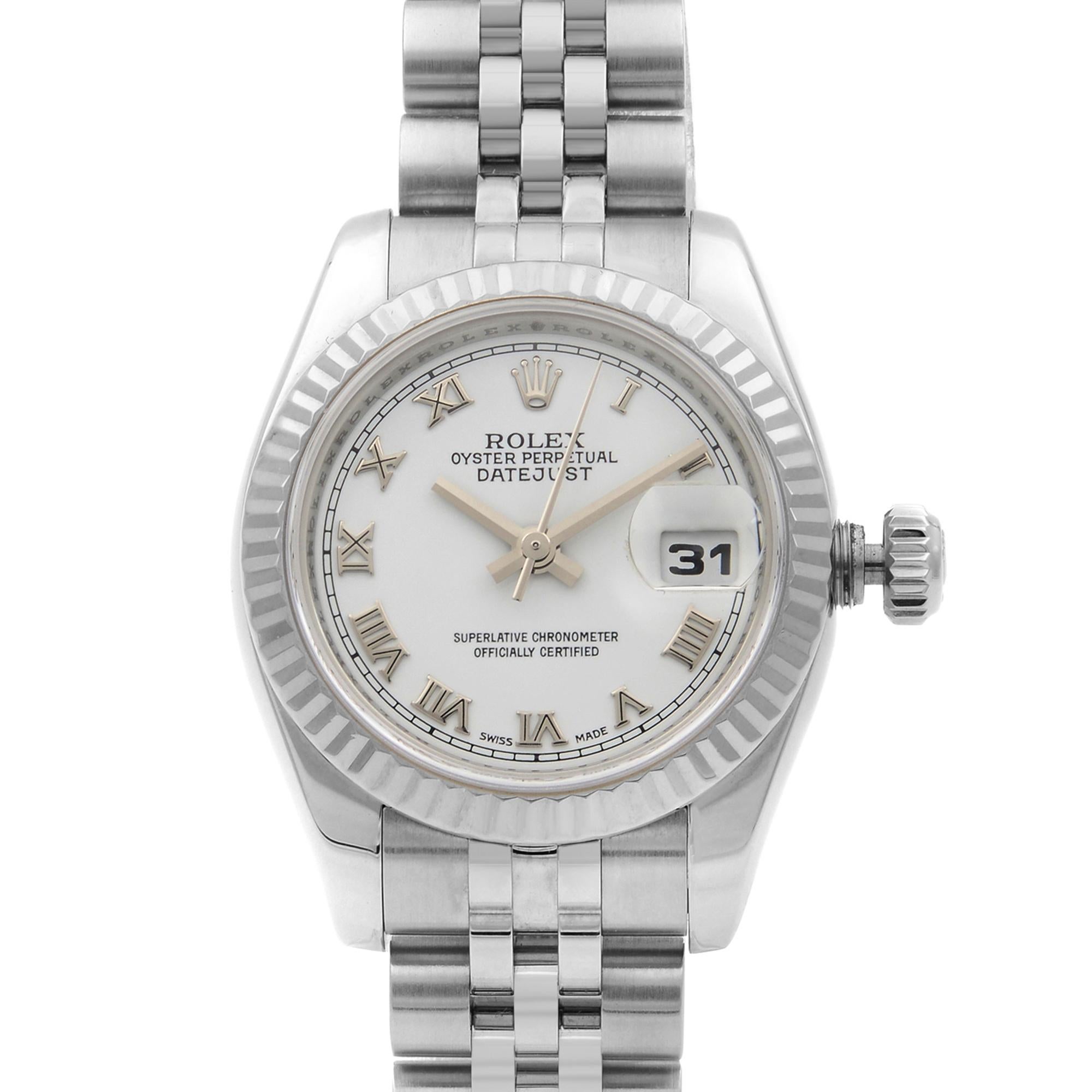 This pre-owned Rolex Datejust  179174 is a beautiful Ladie's timepiece that is powered by mechanical (automatic) movement which is cased in a stainless steel case. It has a round shape face, date indicator dial and has roman numerals style hour